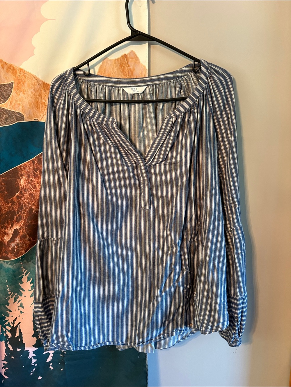 Time and Tru Blue and White Striped Long-Sleeve Peasant Blouse